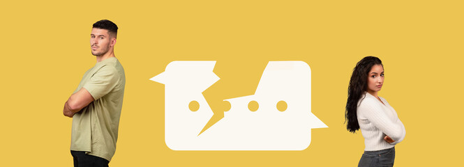 A collection showcases a tense moment between two individuals. They stand apart, facing away, with expressions showing conflict. A broken chat symbol appears between them, emphasizing the disconnect.