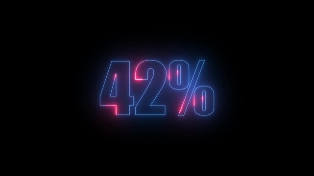 glowing Neon 42% Discount on black background. neon animation Neon light percentage symbol text animation. 4k video