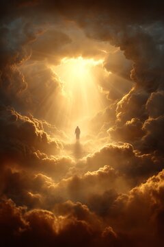 Fototapeta Jesus silhouette surrounded by golden heavenly light and clouds