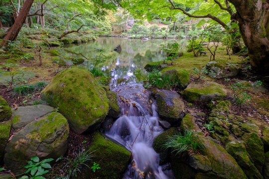 View of tranquil waters flow over moss-covered rocks in a Japanese garden, framed by lush greenery and ancient trees, Narita, Chiba, Japan.