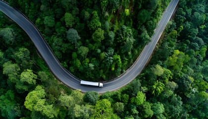 Aerial view semi truck trailer cargo on mountain curve road, Semi truck trailer cargo business logistic transportation on green forest road curve, Semi truck delivery asphalt road green forest tree.