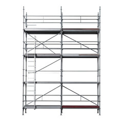 Metallic scaffolding structure, multiple levels, with cross-bracing and platforms, against black