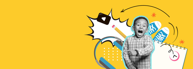 A cheerful child expresses excitement amidst a lively collage featuring colorful school supplies like sneakers, a pencil, and a notepad. This scene captures a fun, dynamic atmosphere.