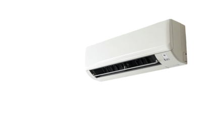 A white, rectangular cooling unit, likely for home use, angled against a stark black background