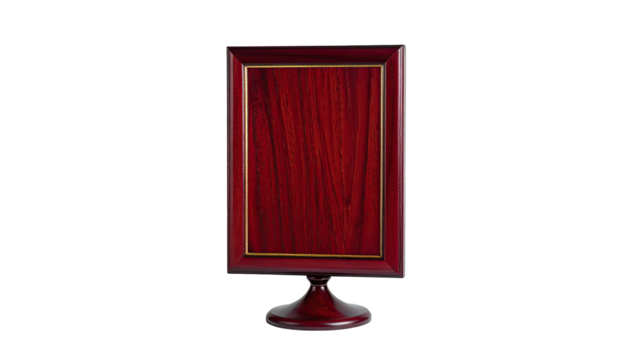 Dark wood frame with gold trim, set on a pedestal, against a stark black background