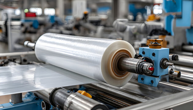 A machine with a roll of polyethylene plastic wrapping film on it. The machine is in a factory. industrial food packaging concept background