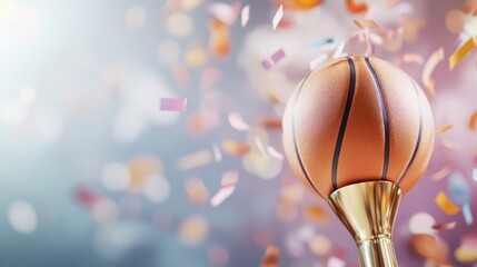 Exciting basketball trophy celebration with colorful confetti falling