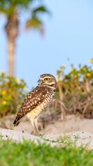 Burrowing Owl Perched on Sand with Green Grass and Plants