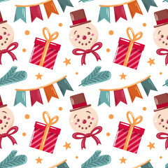 Seamless pattern featuring a snowman, bunting flags, Christmas tree, and gift boxes. This festive design radiates holiday joy, making it perfect for Christmas decorations and seasonal merchandise.