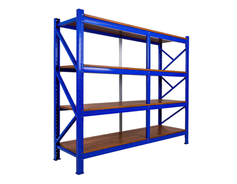 A sturdy blue metal shelving unit with four wooden shelves. Isolated against a black background