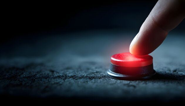 Fingertip presses bright red circular button on rough dark surface. Dramatic lighting creates shadow, highlighting shiny button face. Suggests decision, action, or emergency start.