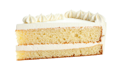 A slice of layered, yellow cake with white frosting and piped details, isolated on black