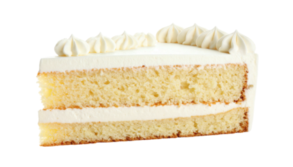 A slice of layered, yellow cake with white frosting and piped details, isolated on black