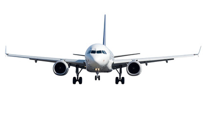 Obraz premium A jetliner, seen head-on against a black void, showcasing its nose, engines, and wings