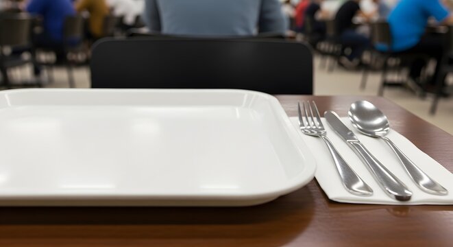 A close up shows an empty white square plate with a knife, fork, and spoon resting on a napkin. This is set on a wooden table in a cafeteria setting, ready for a meal.