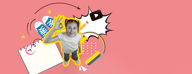 This collage displays a happy child surrounded by vibrant graphics, including shoes, a calendar, and headphones. The lively design emphasizes a fun and energetic atmosphere for young audiences.