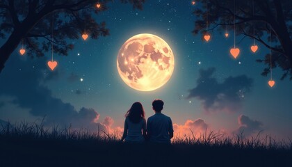 Young couple sits on grassy hill watching giant full moon. Stars fill night sky with twinkling light. Trees above glowing heart lanterns. Lovers share romantic, peaceful evening together,