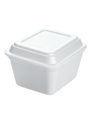 Angled view of a white, rectangular, lidded takeout container