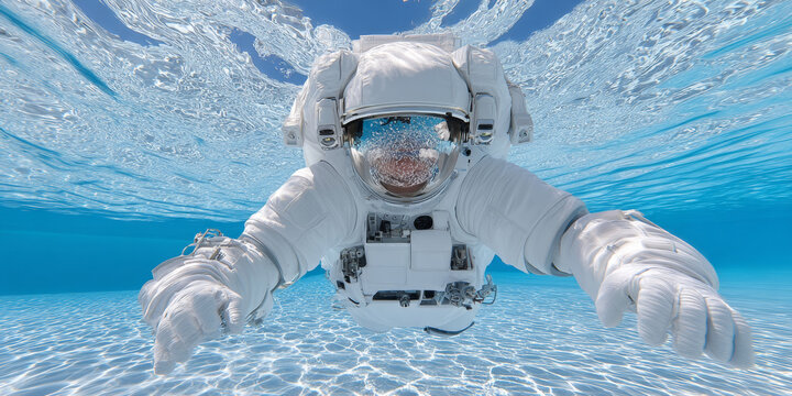 A person wearing a white space suit while submerged in water. The suit has a helmet with a visor, and the individual appears to be smiling or grinning.