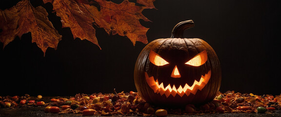Jack-o'-lantern minacciosa e illuminata nella notte con foglie e dolcetti autunnali