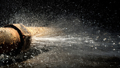 A rusty pipe bursts spraying water in a dramatic urgent scene highlighting a plumbing emergency and potential damage