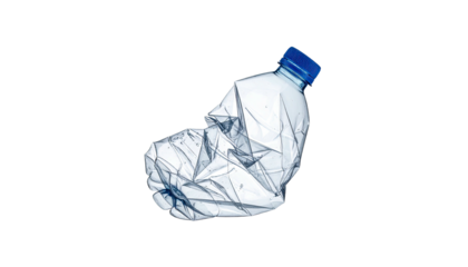 Crushed clear plastic water bottle with blue cap on black background