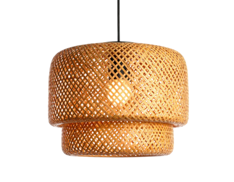 Woven bamboo pendant light, two-tiered design, illuminated bulb, hanging against a black backdrop - Powered by Adobe