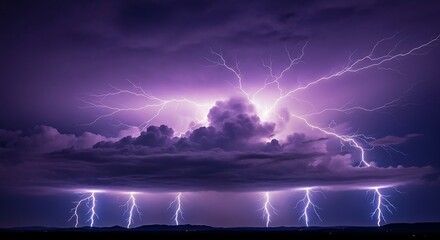 Dramatic Lightning Storm Over Dark Landscape with Purple Sky.
