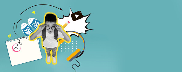 A young child with glasses adjusts their headphones while surrounded by colorful graphics. The scene features fun elements like a calendar and musical notes, showcasing creativity.