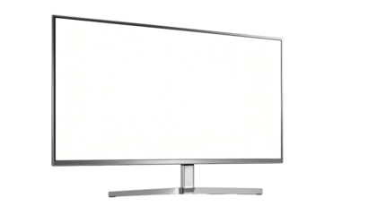 Sleek, silver modern TV, angled. Screen is bright, with dark background