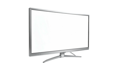 A modern, wide-screen display with a bright, empty white screen, angled slightly