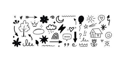 Hand Drawn Doodle Sketch Elements with Trees, Clouds, Arrows, Hearts, Stars, Lightning, Rainbow, House and Decorative Lines in Black and White