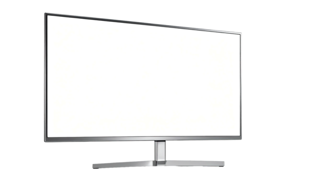 Sleek, silver modern TV, angled. Screen is bright, with dark background - Powered by Adobe