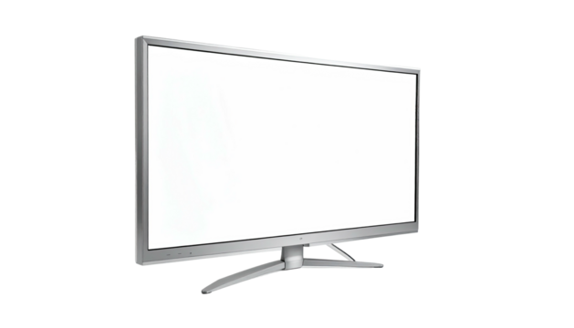 A modern, wide-screen display with a bright, empty white screen, angled slightly