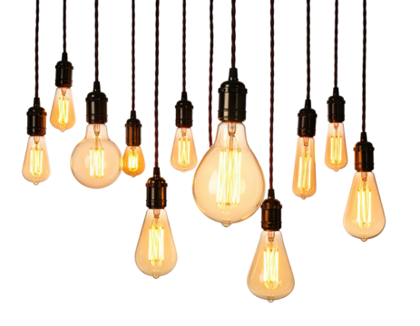 Group of glowing, vintage-style light bulbs hanging against a stark black background