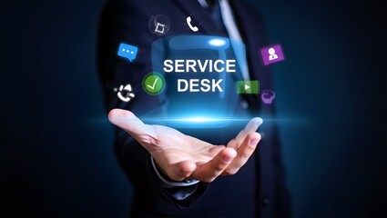 Hand presenting digital service desk interface with glowing icons