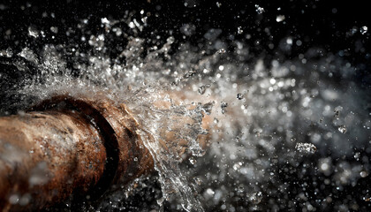 A rusty pipe bursts spraying water in a dramatic urgent scene highlighting a plumbing emergency and potential damage