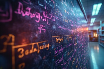 A dark board covered with complex, colorful glowing equations and diagrams, suggesting advanced science, coding, or abstract mathematics in a futuristic setting.