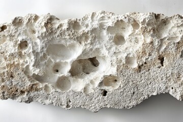 Detailed view of a porous, light-colored stone, possibly weathered limestone or fossilized coral. Numerous irregular holes and depressions create a complex, natural texture.