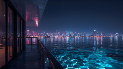 Obraz premium city lights mirrored along cruise ship deck over calm nocturnal water