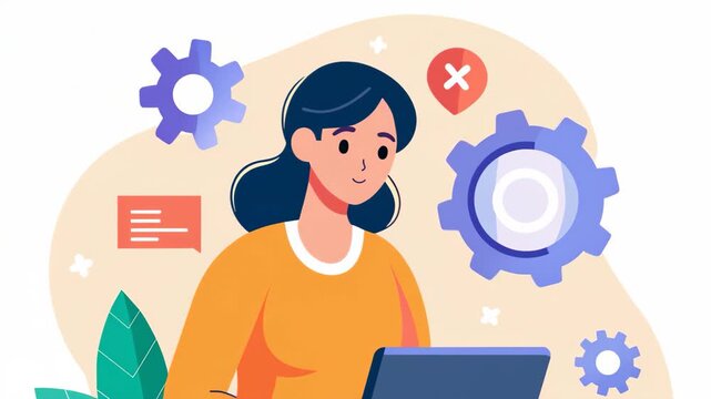 Woman installing software via laptop update while seated on a pile of books, man with laptop installing software update, Simple and minimalist flat 2d Animation