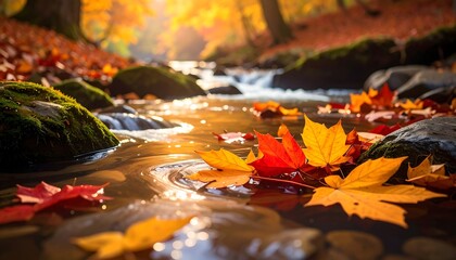 Autumn leaves on a crystal-clear stream in a forest, bathed in warm sunlight