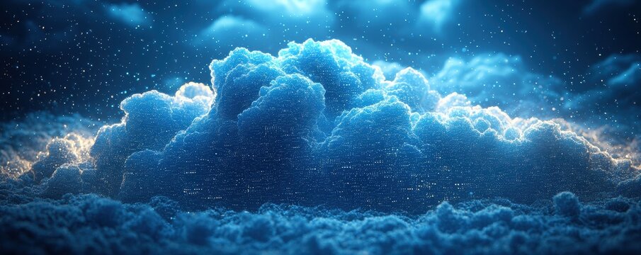 Illuminated digital cloud symbolizing data and technology amidst a serene atmosphere