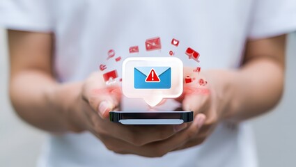 Hands holding smartphone displaying email notification and social media icons