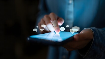 Close up of hands using a smartphone with glowing chat bubbles