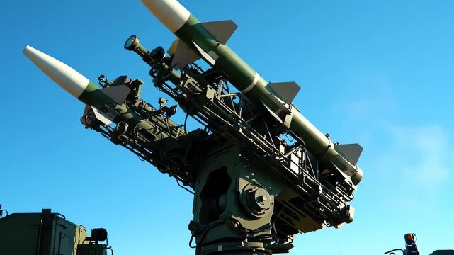 Surface to air missile launcher with two rockets pointed towards a clear blue sky