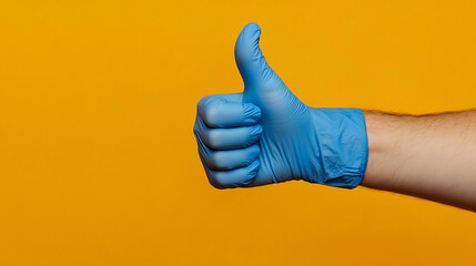 Gloved hand giving a thumbs up against an orange background. A symbol of agreement, approval, and positive reinforcement. Safety and cleanliness are emphasized.