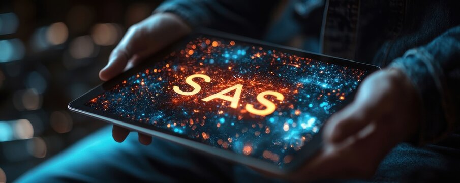 Man holding a digital tablet displaying glowing text against a cosmic background
