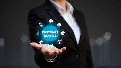 Businesswoman presenting customer service icons and technology interface