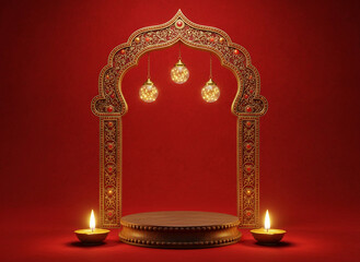Naklejka na ściany i meble Diwali diya decorations podium stunning in the red background Naklejka na ściany i meble Diwali diya decorations podium stunning in the red background